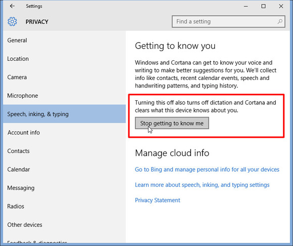 stop getting to know me Windows 10