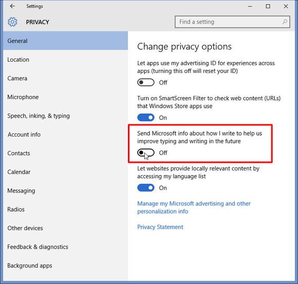 privacy windows 10 settings menu