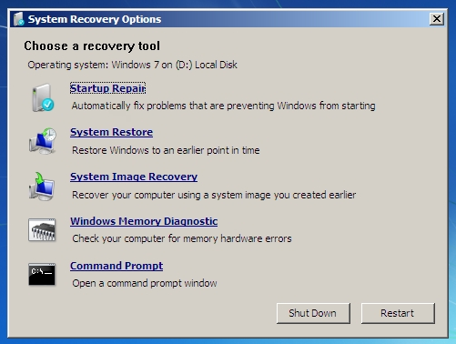 Windows system recovery options